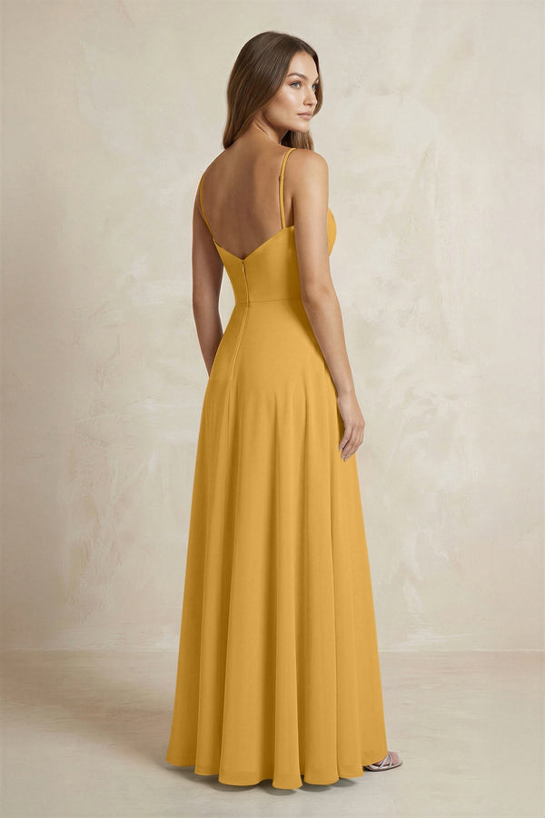 A - Line Cami Strap Chiffon Bridesmaid Dress With Slit in Marigold - KissProm Bridesmaid Dresses