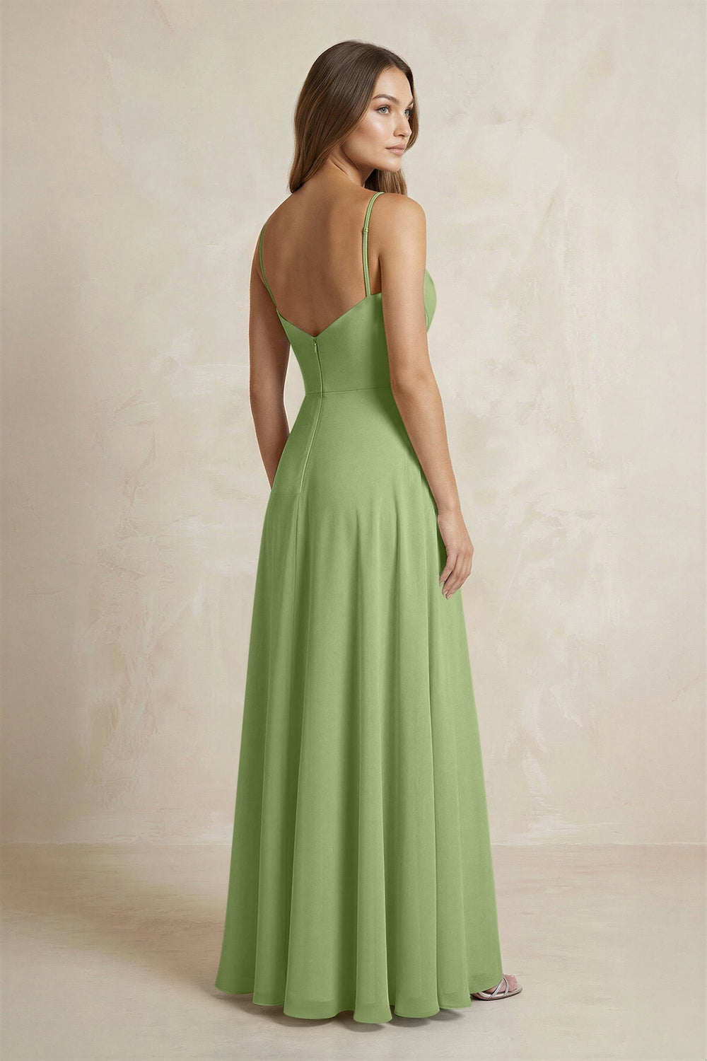 A - Line Cami Strap Chiffon Bridesmaid Dress With Slit in Matcha - KissProm Bridesmaid Dresses
