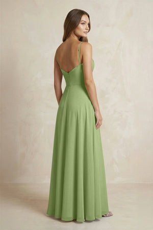 A - Line Cami Strap Chiffon Bridesmaid Dress With Slit in Matcha - KissProm Bridesmaid Dresses