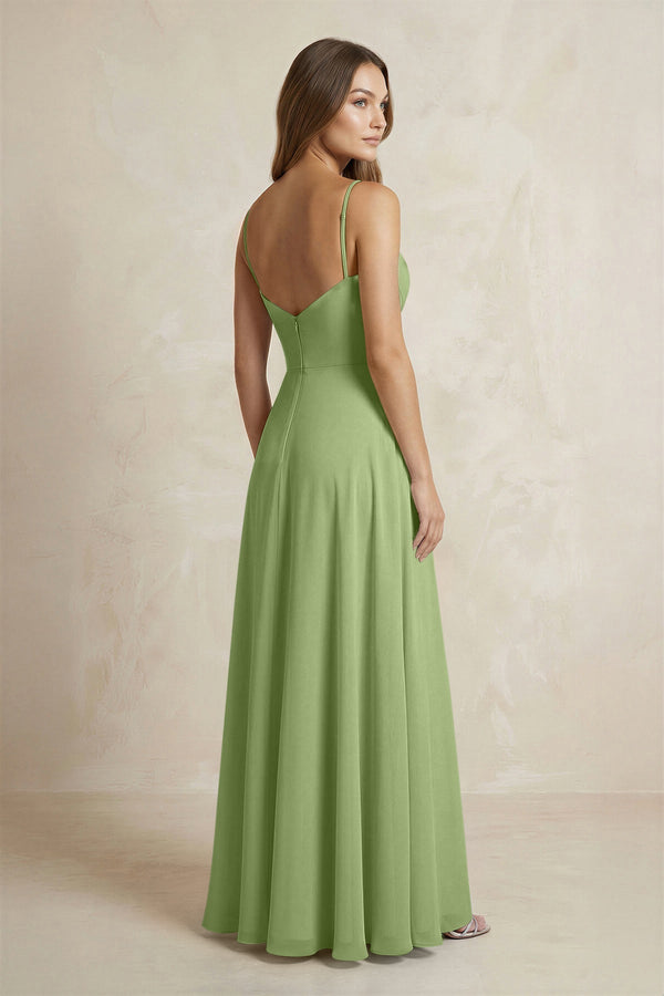 A - Line Cami Strap Chiffon Bridesmaid Dress With Slit in Matcha - KissProm Bridesmaid Dresses