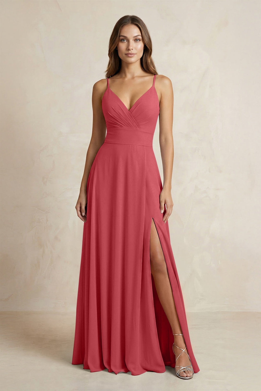 A - Line Cami Strap Chiffon Bridesmaid Dress With Slit in Merlot - KissProm Bridesmaid Dresses