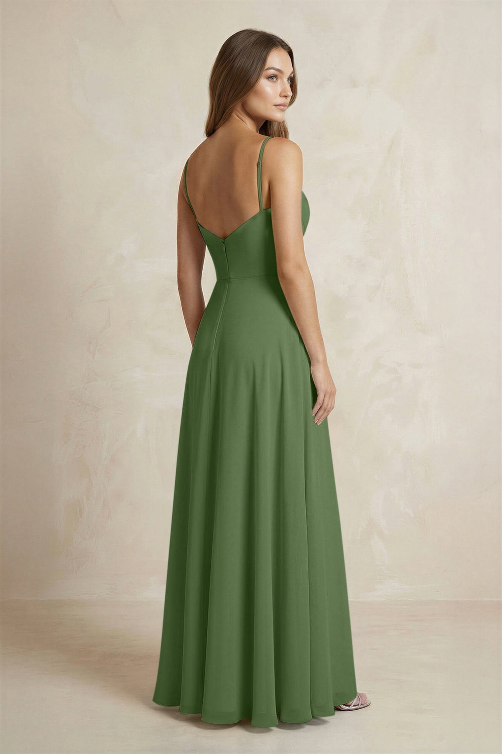 A - Line Cami Strap Chiffon Bridesmaid Dress With Slit in Moss - KissProm Bridesmaid Dresses