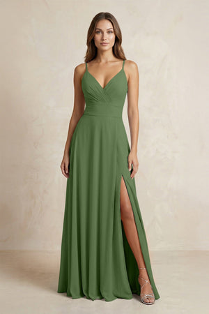 A - Line Cami Strap Chiffon Bridesmaid Dress With Slit in Moss - KissProm Bridesmaid Dresses