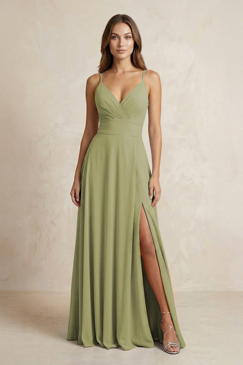 A - Line Cami Strap Chiffon Bridesmaid Dress With Slit in Moss Green - KissProm Bridesmaid Dresses