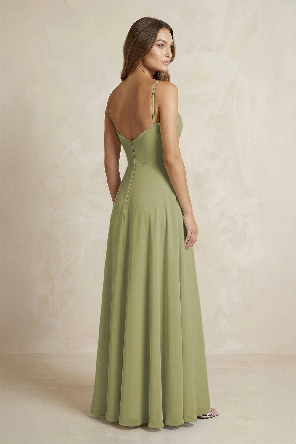 A - Line Cami Strap Chiffon Bridesmaid Dress With Slit in Moss Green - KissProm Bridesmaid Dresses