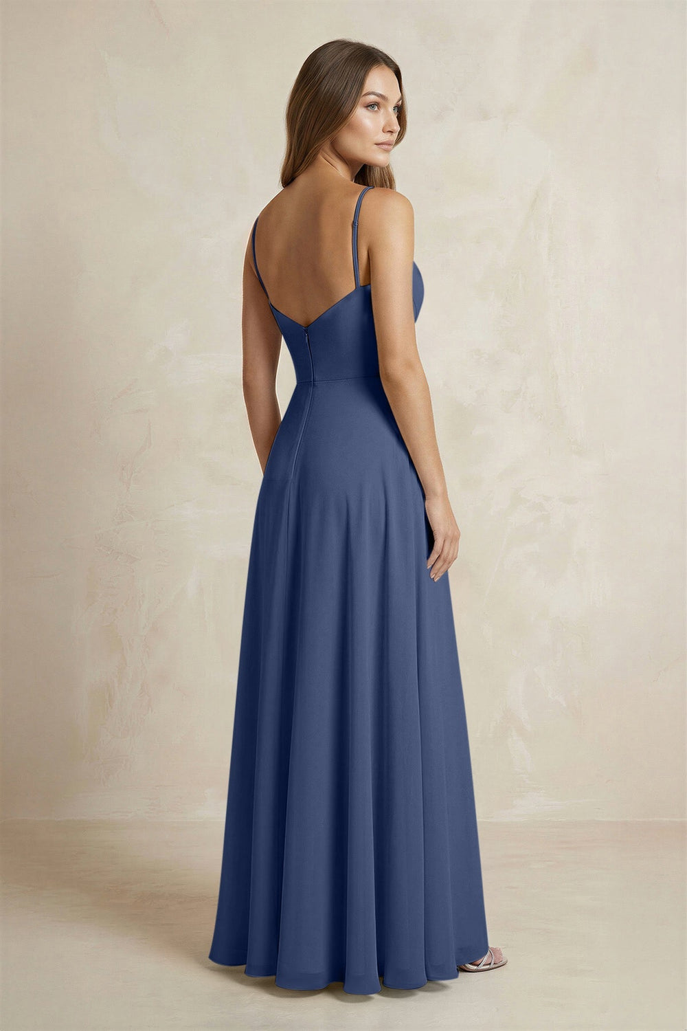 A - Line Cami Strap Chiffon Bridesmaid Dress With Slit in Navy - KissProm Bridesmaid Dresses