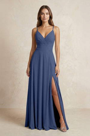 A - Line Cami Strap Chiffon Bridesmaid Dress With Slit in Navy - KissProm Bridesmaid Dresses