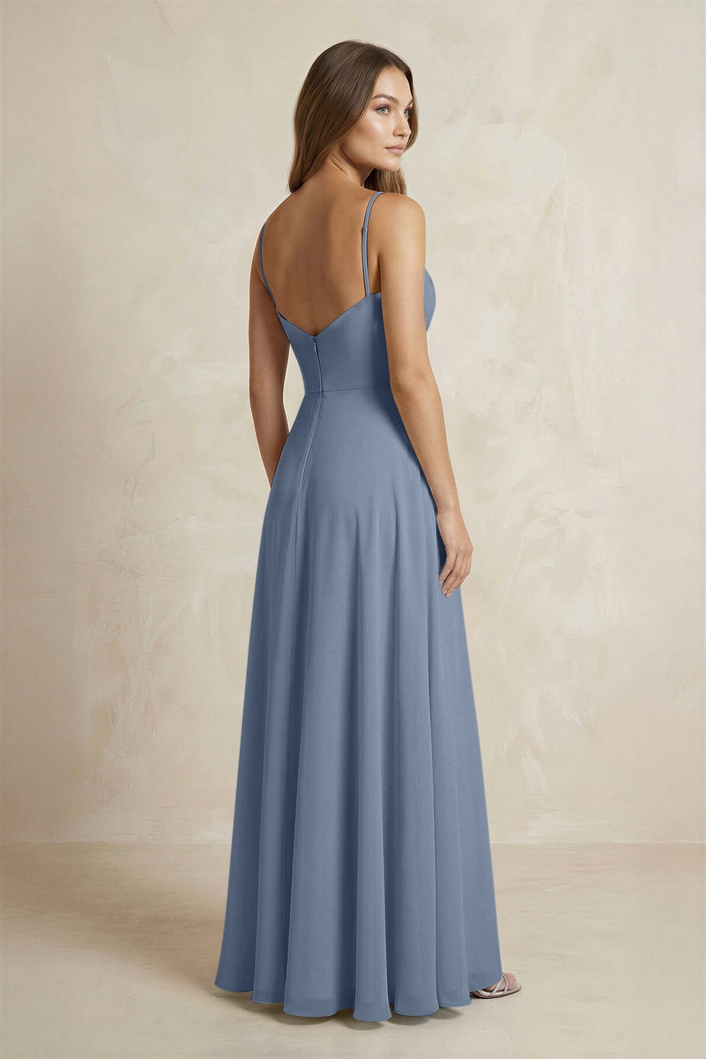 A - Line Cami Strap Chiffon Bridesmaid Dress With Slit in Neptune - KissProm Bridesmaid Dresses
