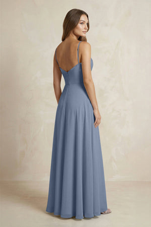 A - Line Cami Strap Chiffon Bridesmaid Dress With Slit in Neptune - KissProm Bridesmaid Dresses