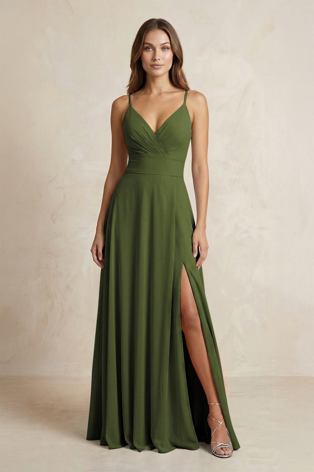 A - Line Cami Strap Chiffon Bridesmaid Dress With Slit in Olive - KissProm Bridesmaid Dresses