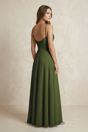 A - Line Cami Strap Chiffon Bridesmaid Dress With Slit in Olive - KissProm Bridesmaid Dresses