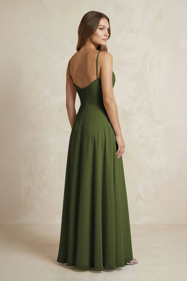 A - Line Cami Strap Chiffon Bridesmaid Dress With Slit in Olive - KissProm Bridesmaid Dresses