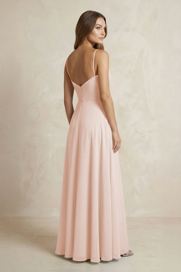 A - Line Cami Strap Chiffon Bridesmaid Dress With Slit in Pale Blush - KissProm Bridesmaid Dresses