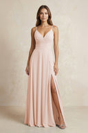 A - Line Cami Strap Chiffon Bridesmaid Dress With Slit in Pale Blush - KissProm Bridesmaid Dresses
