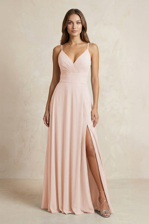 A - Line Cami Strap Chiffon Bridesmaid Dress With Slit in Pale Blush - KissProm Bridesmaid Dresses