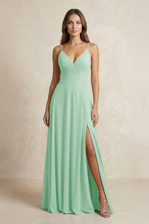 A - Line Cami Strap Chiffon Bridesmaid Dress With Slit in Pale Pistachio - KissProm Bridesmaid Dresses