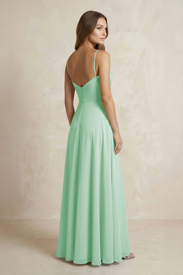A - Line Cami Strap Chiffon Bridesmaid Dress With Slit in Pale Pistachio - KissProm Bridesmaid Dresses