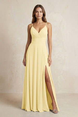 A - Line Cami Strap Chiffon Bridesmaid Dress With Slit in Pastel Yellow - KissProm Bridesmaid Dresses