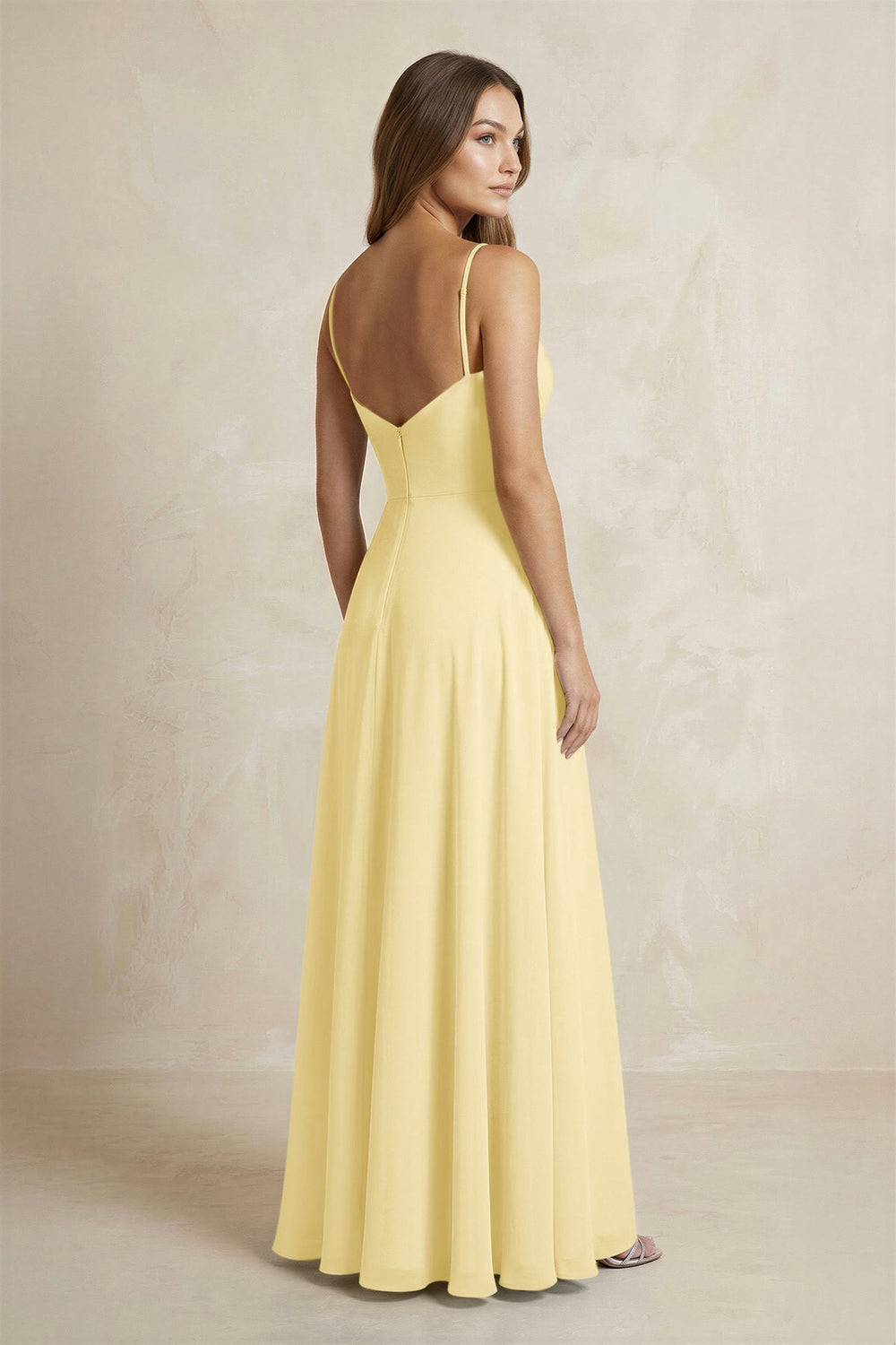 A - Line Cami Strap Chiffon Bridesmaid Dress With Slit in Pastel Yellow - KissProm Bridesmaid Dresses