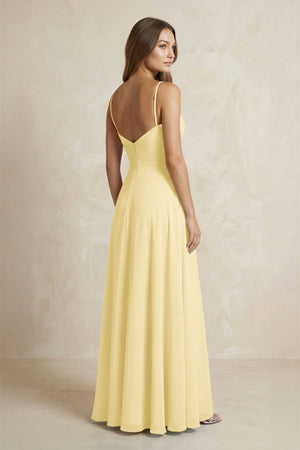 A - Line Cami Strap Chiffon Bridesmaid Dress With Slit in Pastel Yellow - KissProm Bridesmaid Dresses