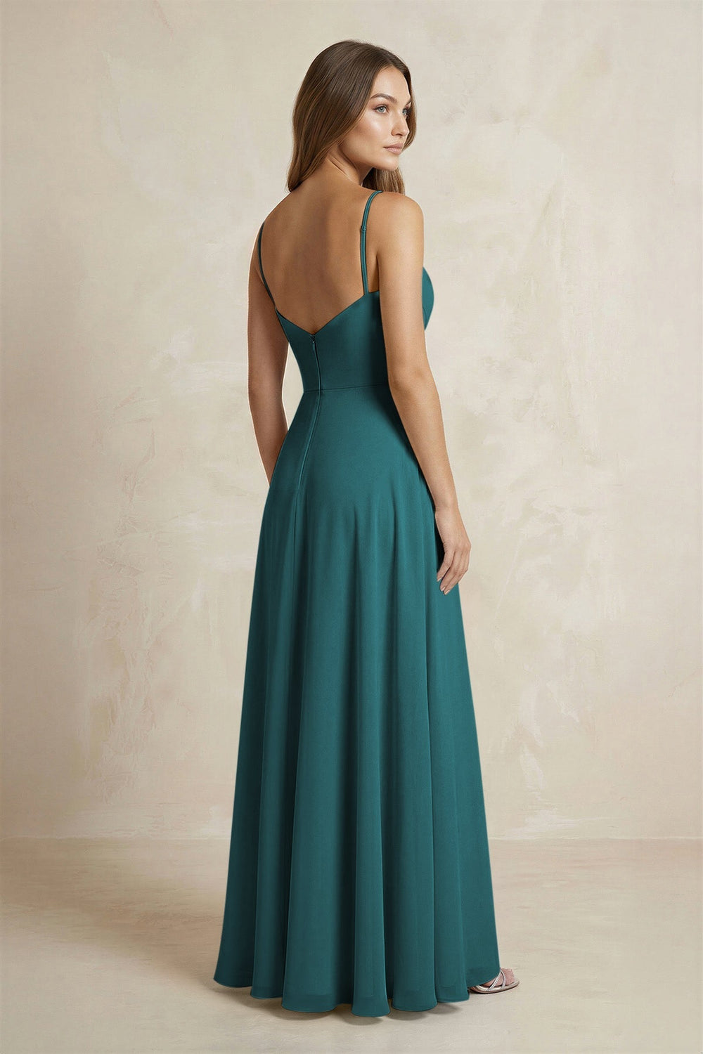 A - Line Cami Strap Chiffon Bridesmaid Dress With Slit in Pine - KissProm Bridesmaid Dresses