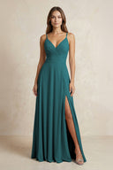 A - Line Cami Strap Chiffon Bridesmaid Dress With Slit in Pine - KissProm Bridesmaid Dresses