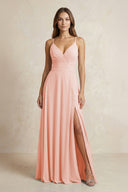A - Line Cami Strap Chiffon Bridesmaid Dress With Slit in Rose Petal - KissProm Bridesmaid Dresses