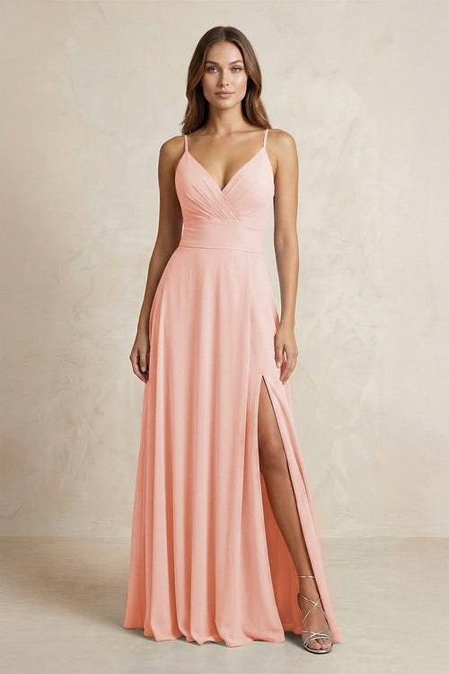 A - Line Cami Strap Chiffon Bridesmaid Dress With Slit in Rose Petal - KissProm Bridesmaid Dresses