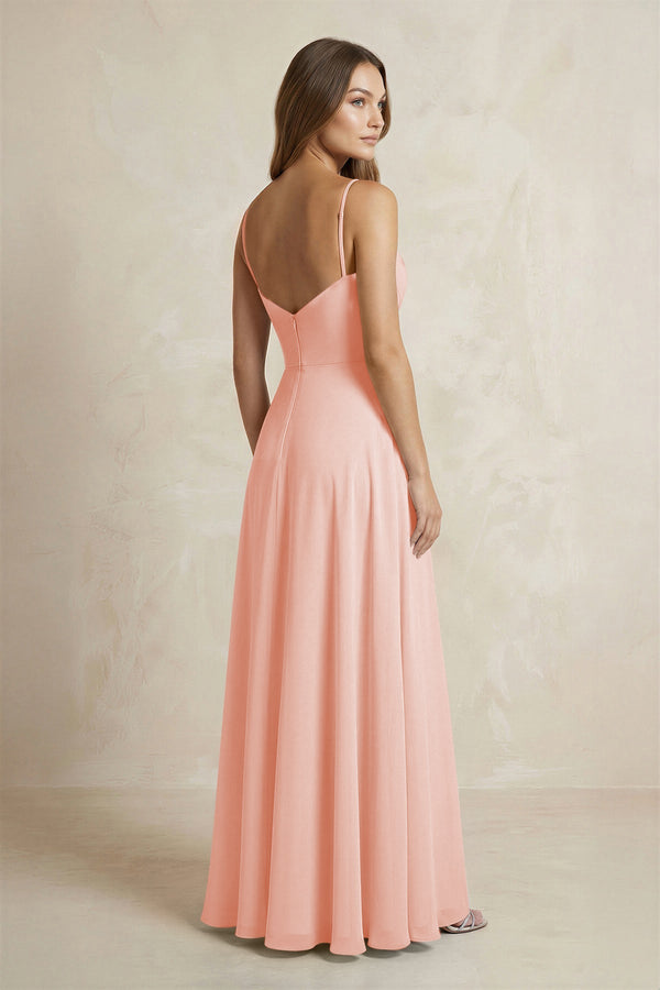 A - Line Cami Strap Chiffon Bridesmaid Dress With Slit in Rose Petal - KissProm Bridesmaid Dresses
