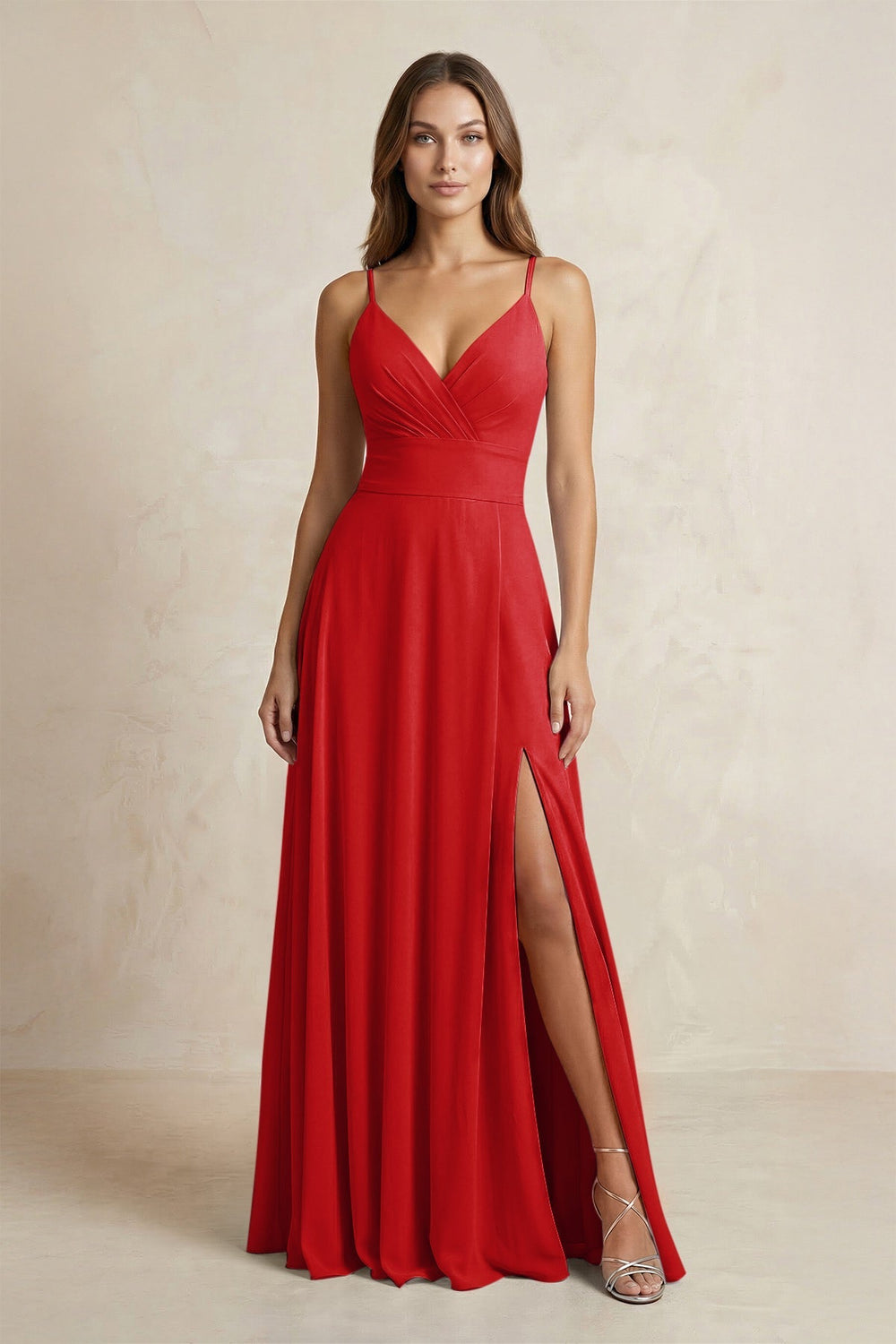 A - Line Cami Strap Chiffon Bridesmaid Dress With Slit in Ruby Red - KissProm Bridesmaid Dresses