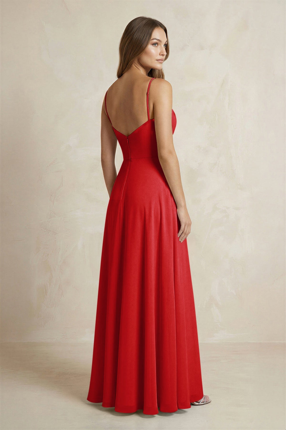 A - Line Cami Strap Chiffon Bridesmaid Dress With Slit in Ruby Red - KissProm Bridesmaid Dresses