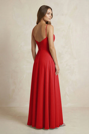 A - Line Cami Strap Chiffon Bridesmaid Dress With Slit in Ruby Red - KissProm Bridesmaid Dresses