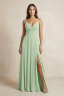 A - Line Cami Strap Chiffon Bridesmaid Dress With Slit in Sage - KissProm Bridesmaid Dresses