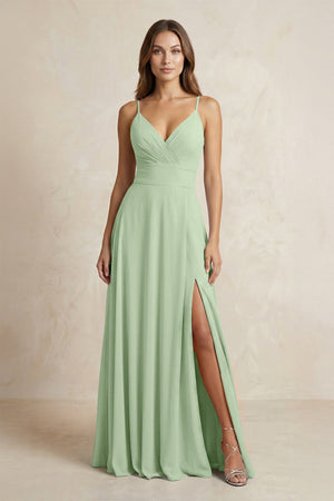 A - Line Cami Strap Chiffon Bridesmaid Dress With Slit in Sage - KissProm Bridesmaid Dresses