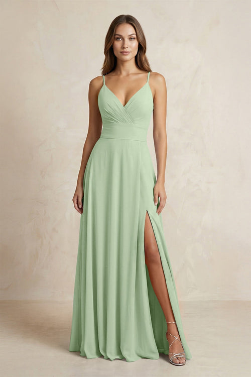 A - Line Cami Strap Chiffon Bridesmaid Dress With Slit in Sage - KissProm Bridesmaid Dresses