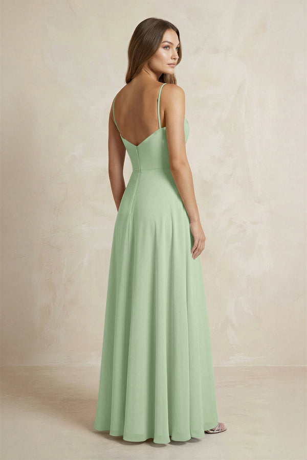 A-Line Cami Strap Chiffon Bridesmaid Dress With Slit in Sage