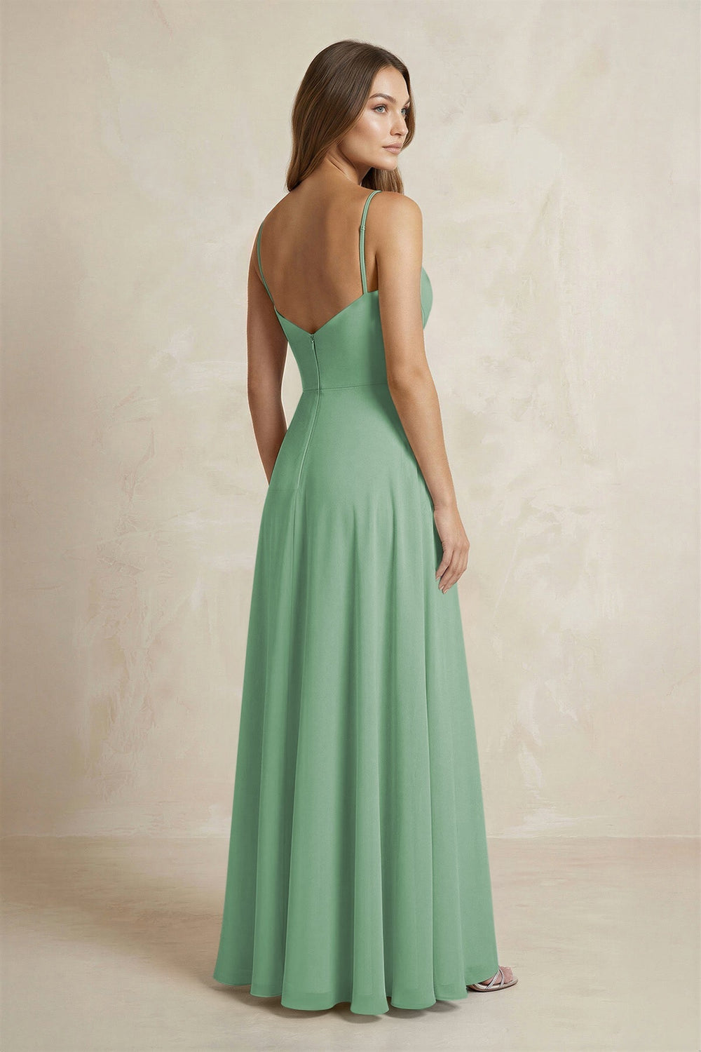 A - Line Cami Strap Chiffon Bridesmaid Dress With Slit in Sea Glass - KissProm Bridesmaid Dresses