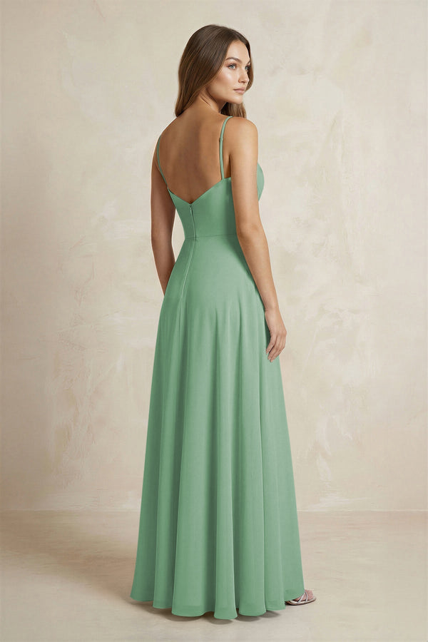 A - Line Cami Strap Chiffon Bridesmaid Dress With Slit in Sea Glass - KissProm Bridesmaid Dresses