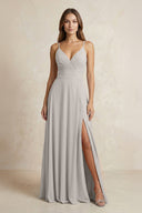 A - Line Cami Strap Chiffon Bridesmaid Dress With Slit in Silver - KissProm Bridesmaid Dresses