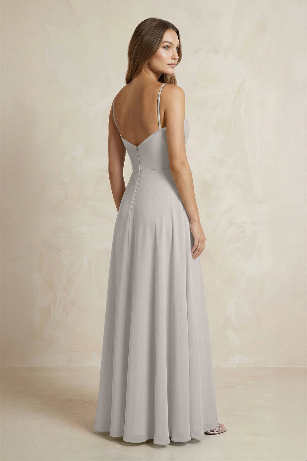 A - Line Cami Strap Chiffon Bridesmaid Dress With Slit in Silver - KissProm Bridesmaid Dresses