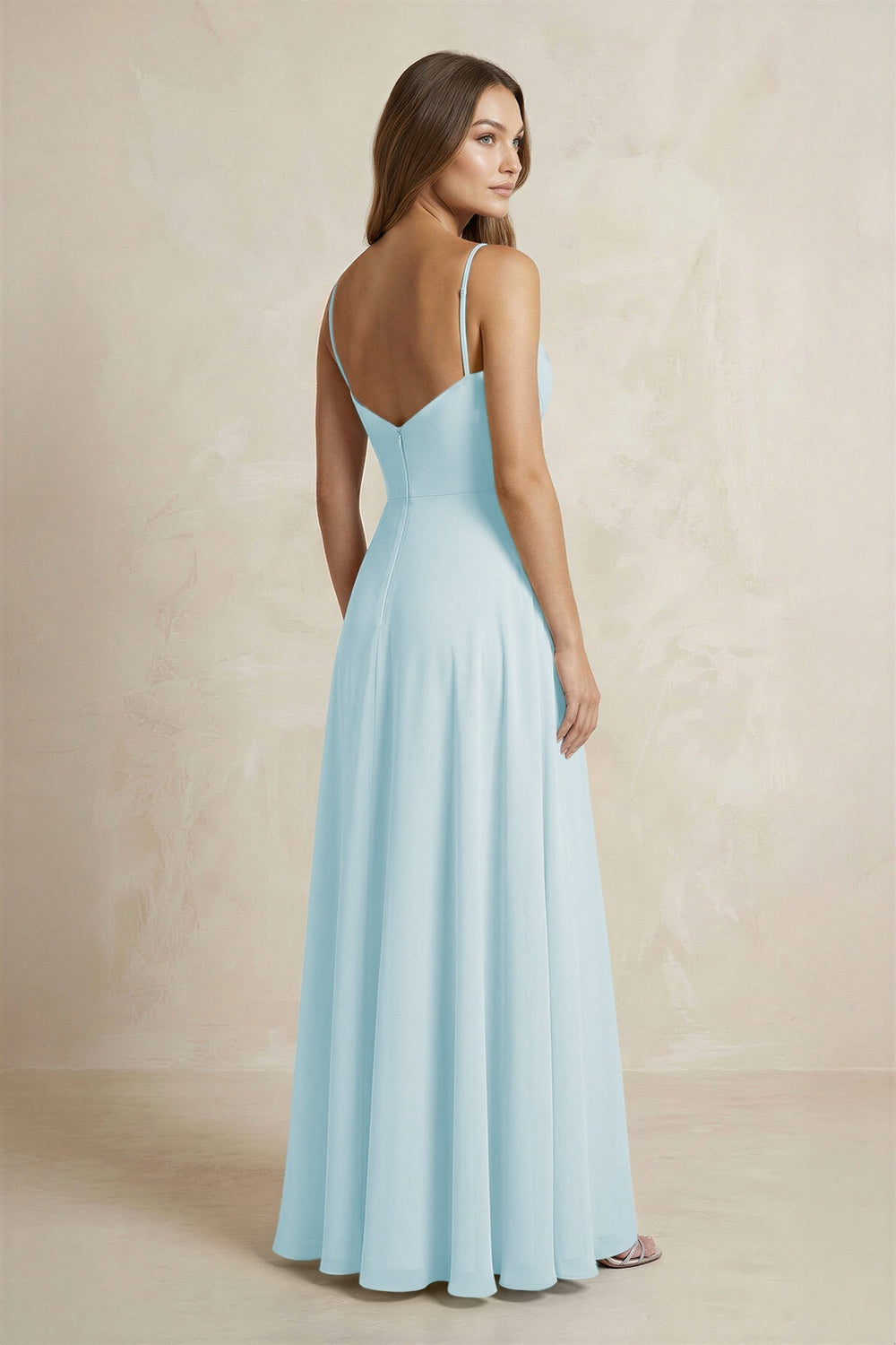 A - Line Cami Strap Chiffon Bridesmaid Dress With Slit in Sky Blue - KissProm Bridesmaid Dresses
