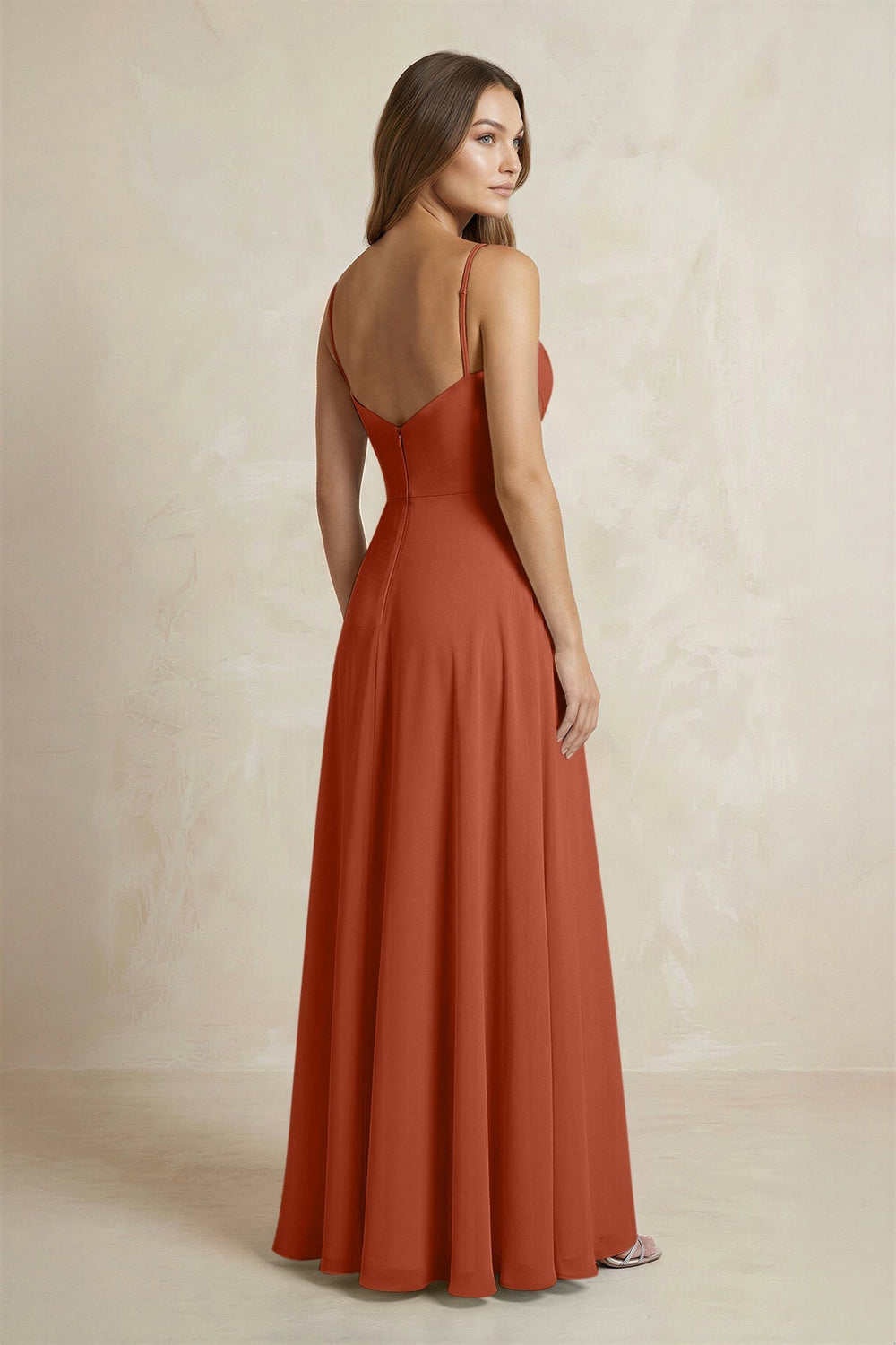A - Line Cami Strap Chiffon Bridesmaid Dress With Slit in Spice - KissProm Bridesmaid Dresses