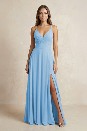 A - Line Cami Strap Chiffon Bridesmaid Dress With Slit in Steel Blue - KissProm Bridesmaid Dresses