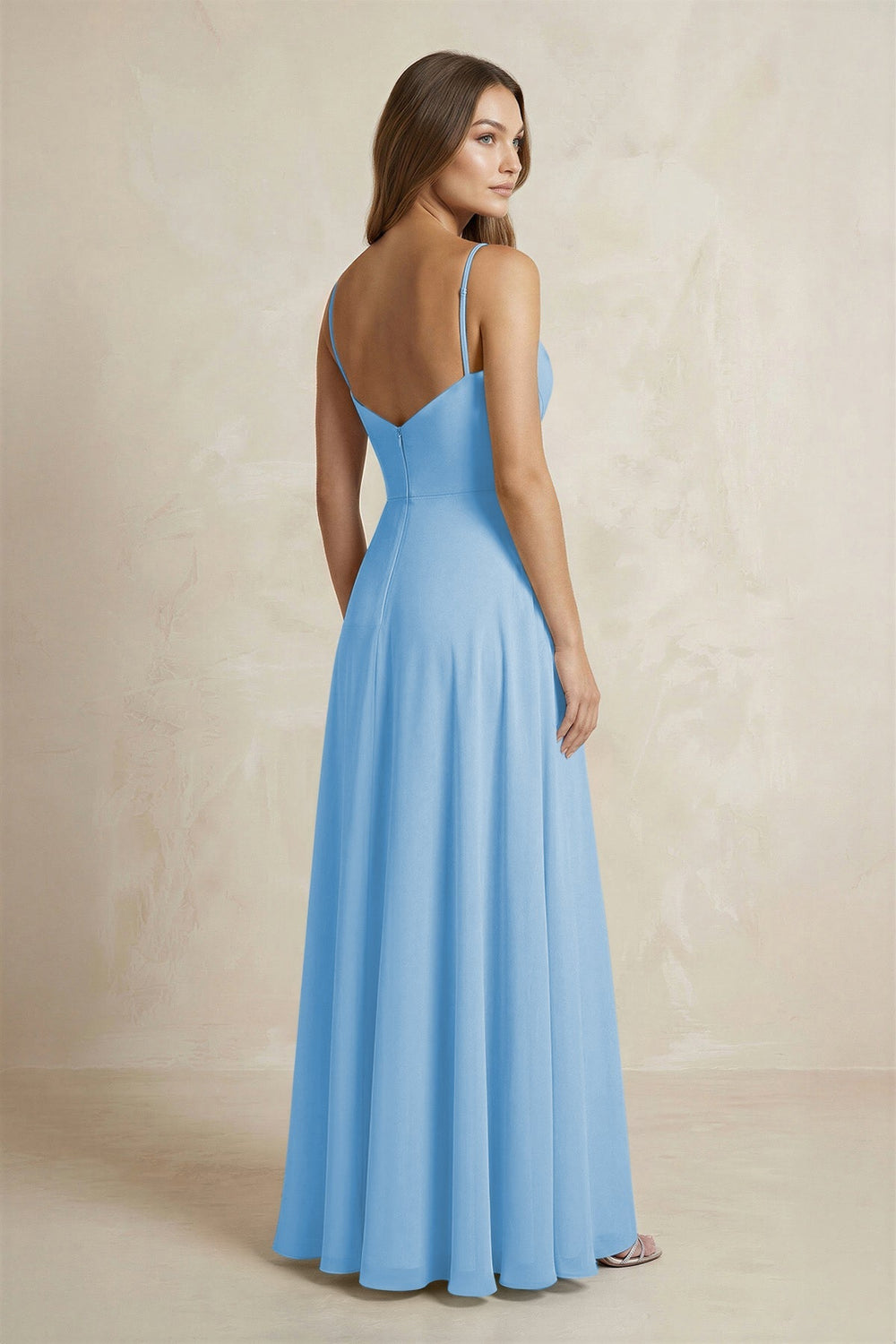 A - Line Cami Strap Chiffon Bridesmaid Dress With Slit in Steel Blue - KissProm Bridesmaid Dresses