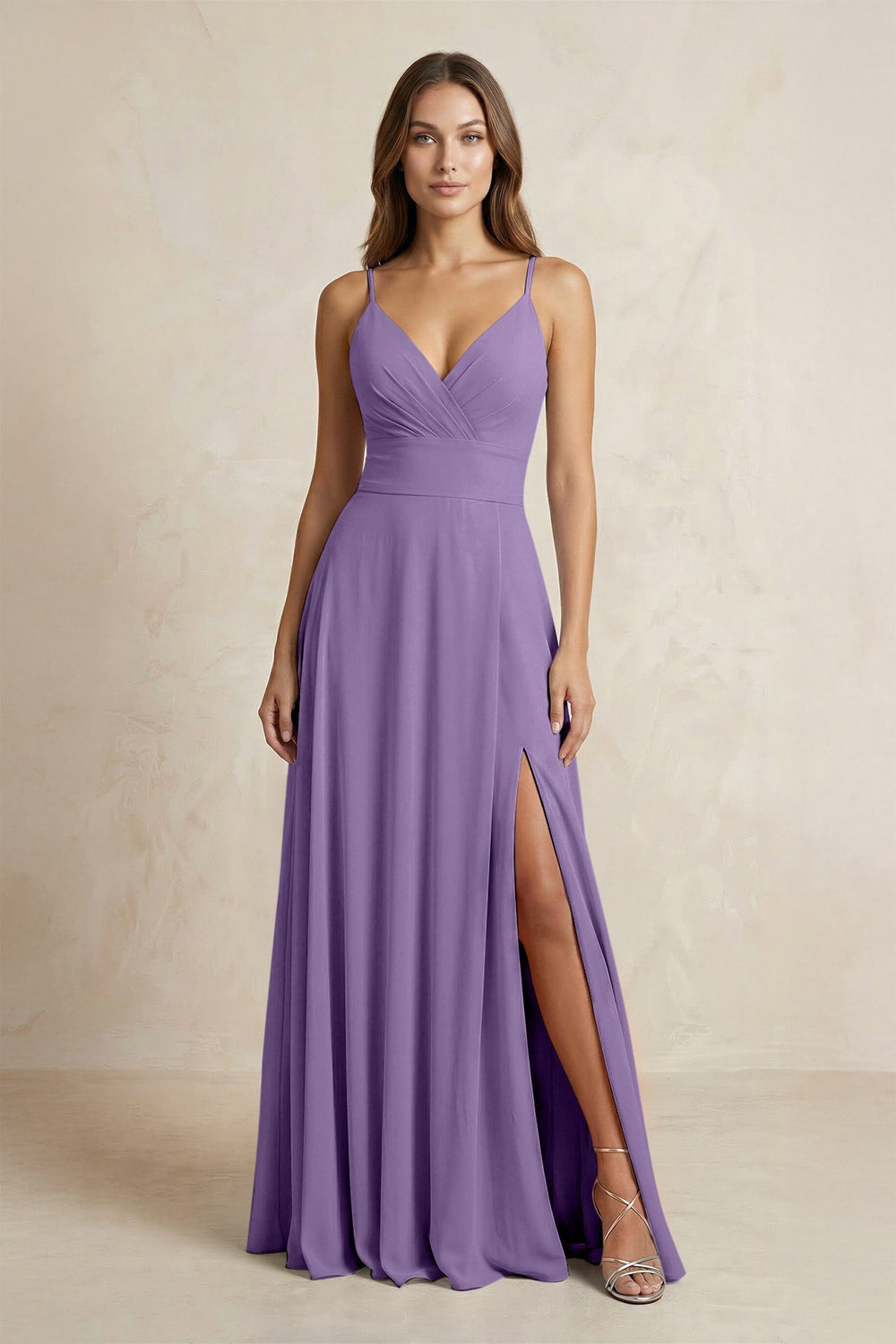 A - Line Cami Strap Chiffon Bridesmaid Dress With Slit in Tahiti - KissProm Bridesmaid Dresses