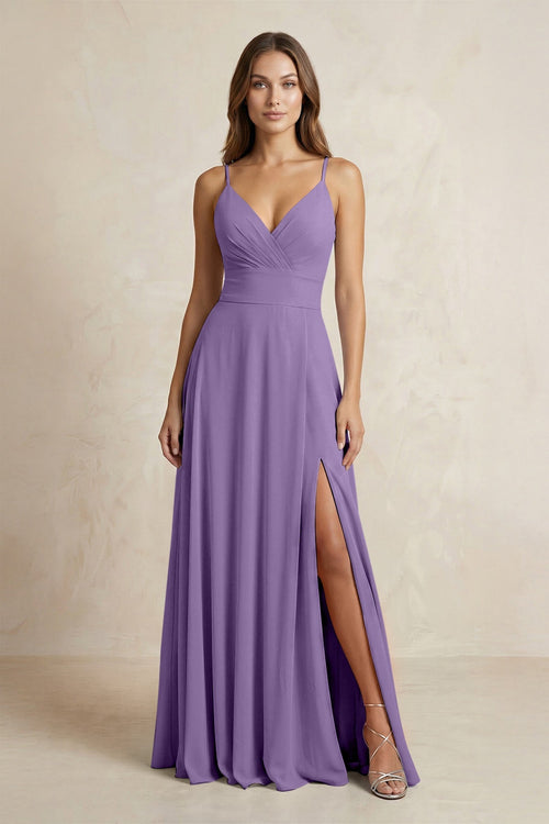 A - Line Cami Strap Chiffon Bridesmaid Dress With Slit in Tahiti - KissProm Bridesmaid Dresses
