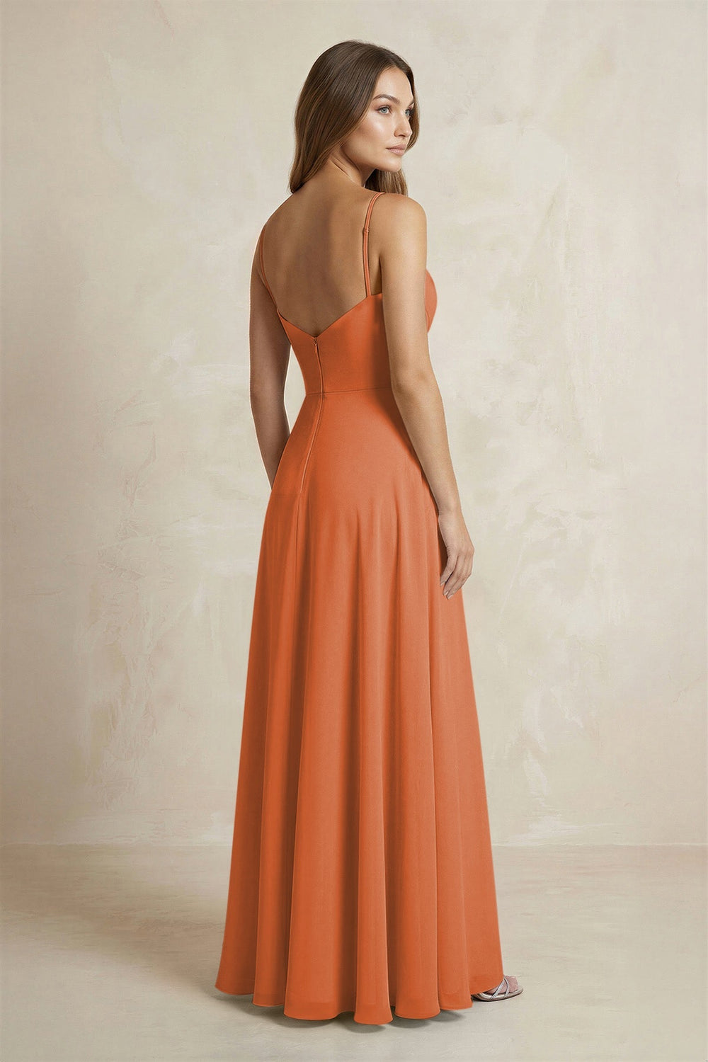 A - Line Cami Strap Chiffon Bridesmaid Dress With Slit in Terracotta - KissProm Bridesmaid Dresses