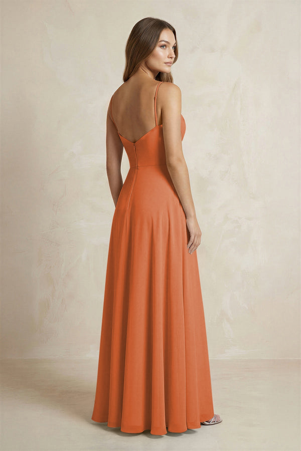 A - Line Cami Strap Chiffon Bridesmaid Dress With Slit in Terracotta - KissProm Bridesmaid Dresses