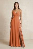 A - Line Cami Strap Chiffon Bridesmaid Dress With Slit in Terracotta - KissProm Bridesmaid Dresses