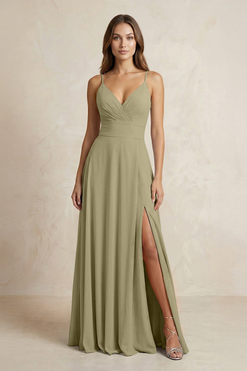 A - Line Cami Strap Chiffon Bridesmaid Dress With Slit in Thyme - KissProm Bridesmaid Dresses